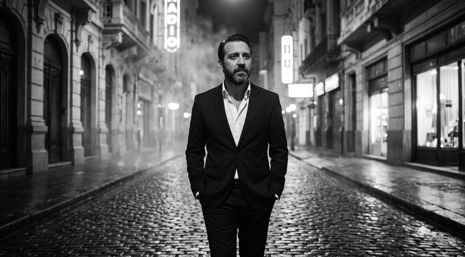 Ian caminando por una calle empedrada de noche