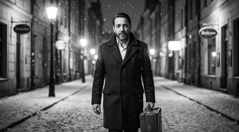 Ian con una valija en una calle de noche