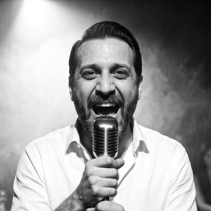Ian Marone sonriendo frente al micrófono